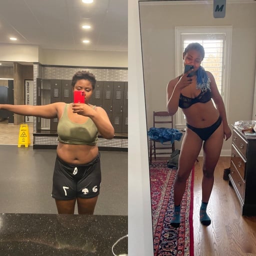 Before and After 36 lbs Fat Loss 5 foot 9 Female 205 lbs to 169 lbs