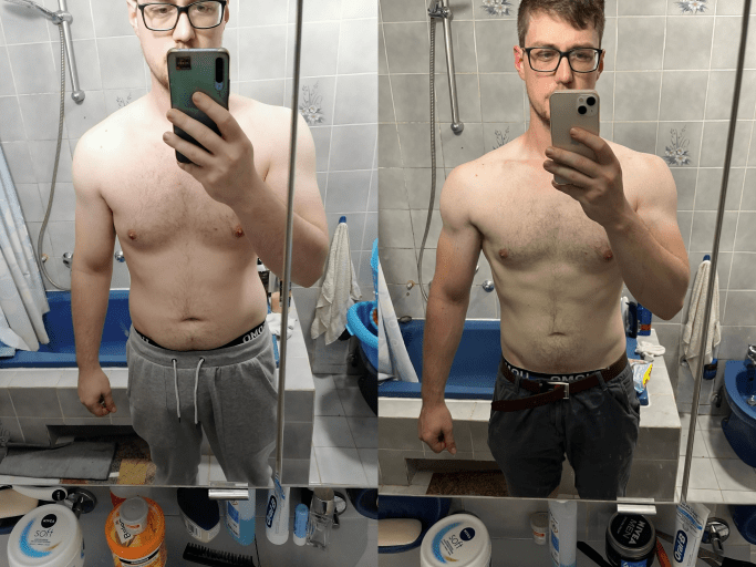 A progress pic of a 6'4" man showing a fat loss from 235 pounds to 205 pounds. A total loss of 30 pounds.
