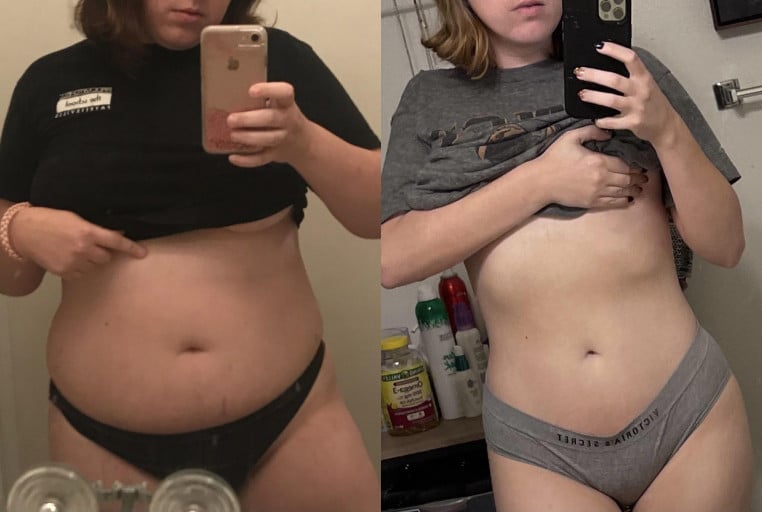 A picture of a 5'3" female showing a weight loss from 180 pounds to 134 pounds. A net loss of 46 pounds.