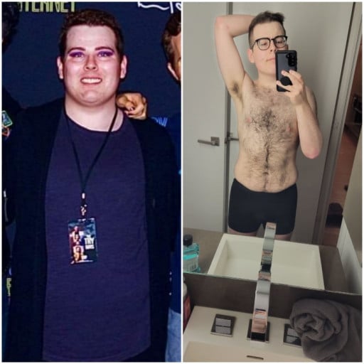 A before and after photo of a 5'8" male showing a weight reduction from 246 pounds to 176 pounds. A total loss of 70 pounds.