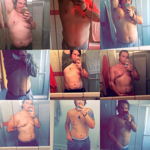 A progress pic of a 6'1" man showing a fat loss from 345 pounds to 230 pounds. A total loss of 115 pounds.