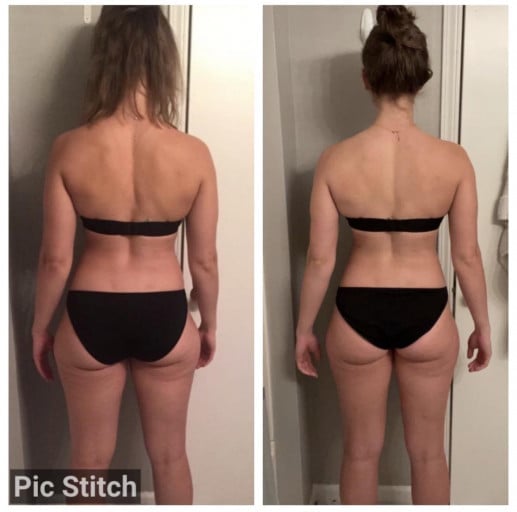 A photo of a 5'8" woman showing a weight cut from 154 pounds to 149 pounds. A net loss of 5 pounds.