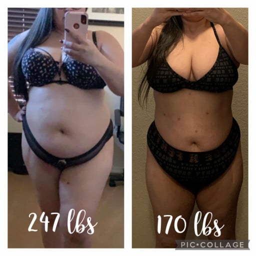5 feet 4 Female Progress Pics of 77 lbs Fat Loss 247 lbs to 170 lbs