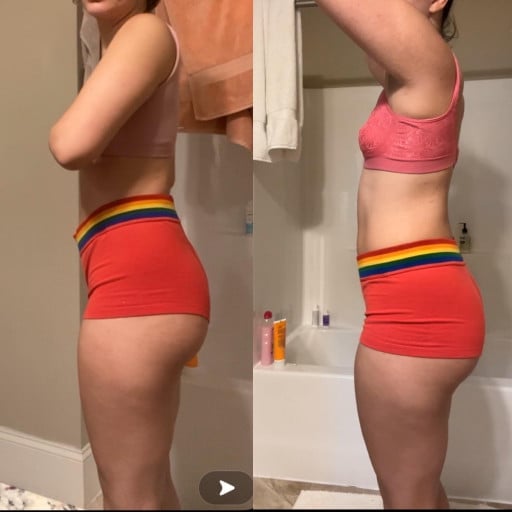 A progress pic of a 5'5" woman showing a fat loss from 149 pounds to 146 pounds. A respectable loss of 3 pounds.