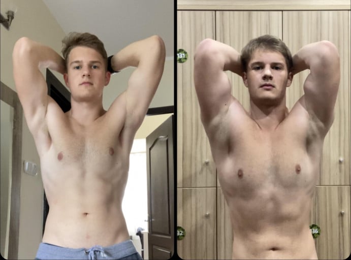 A before and after photo of a 5'11" male showing a weight gain from 147 pounds to 174 pounds. A respectable gain of 27 pounds.