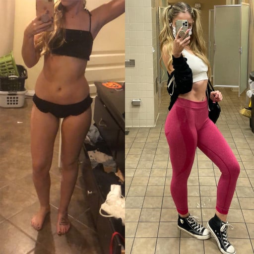 A photo of a 5'7" woman showing a weight cut from 139 pounds to 131 pounds. A net loss of 8 pounds.