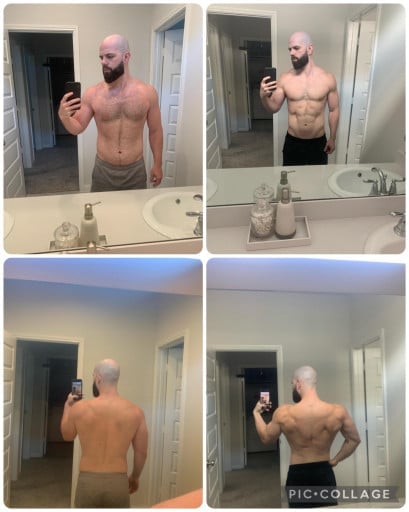 A progress pic of a 5'9" man showing a fat loss from 199 pounds to 181 pounds. A respectable loss of 18 pounds.