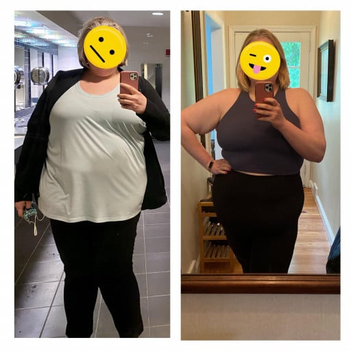 A progress pic of a 5'9" woman showing a fat loss from 326 pounds to 294 pounds. A total loss of 32 pounds.