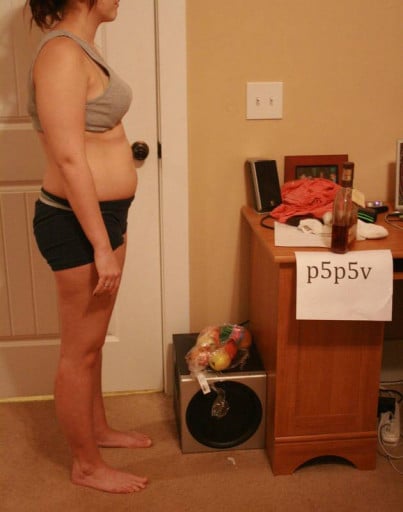 A before and after photo of a 5'3" female showing a snapshot of 145 pounds at a height of 5'3
