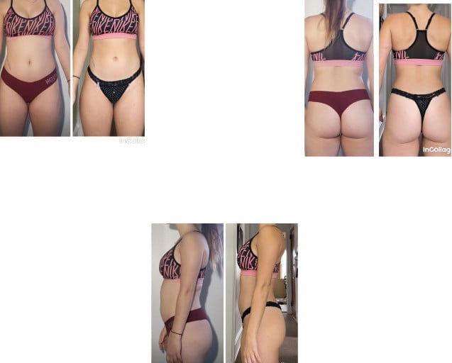 A before and after photo of a 4'10" female showing a weight reduction from 110 pounds to 100 pounds. A net loss of 10 pounds.