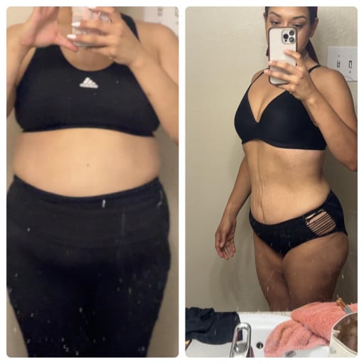 A before and after photo of a 5'6" female showing a weight reduction from 285 pounds to 175 pounds. A net loss of 110 pounds.