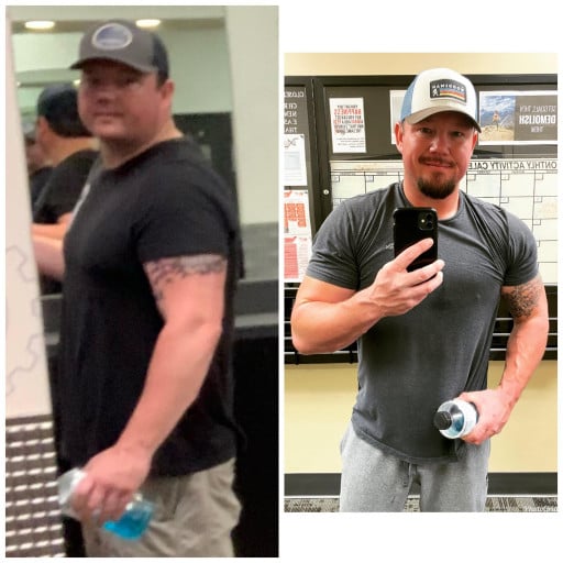 A progress pic of a 6'1" man showing a fat loss from 270 pounds to 234 pounds. A total loss of 36 pounds.