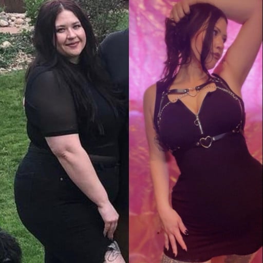 A photo of a 5'9" woman showing a weight cut from 280 pounds to 180 pounds. A net loss of 100 pounds.