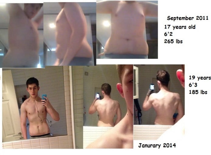 A picture of a 6'3" male showing a fat loss from 265 pounds to 185 pounds. A net loss of 80 pounds.