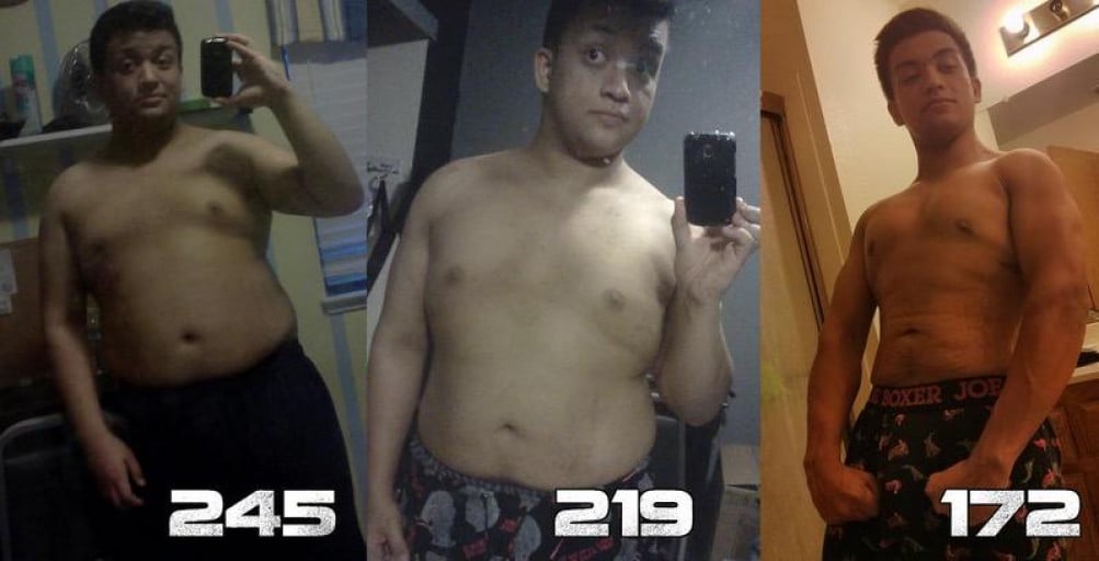 A progress pic of a 5'7" man showing a weight cut from 245 pounds to 172 pounds. A respectable loss of 73 pounds.