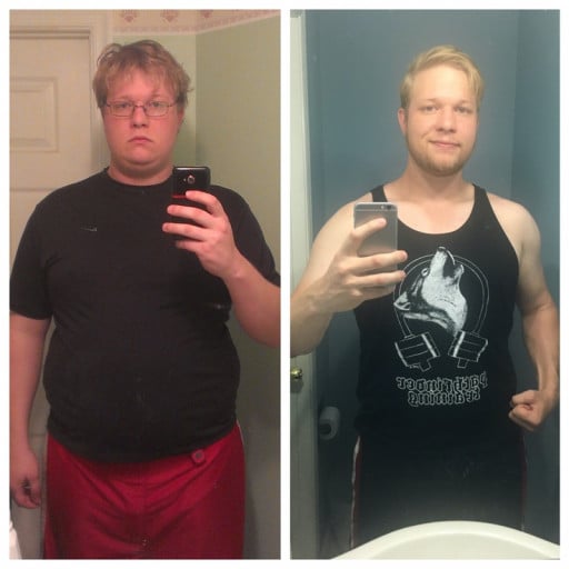 A picture of a 6'0" male showing a fat loss from 275 pounds to 220 pounds. A net loss of 55 pounds.