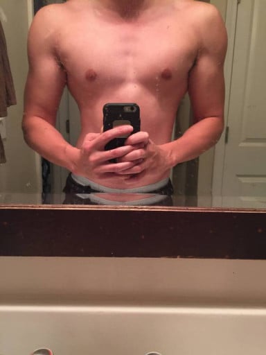 A progress pic of a 5'10" man showing a muscle gain from 130 pounds to 160 pounds. A net gain of 30 pounds.