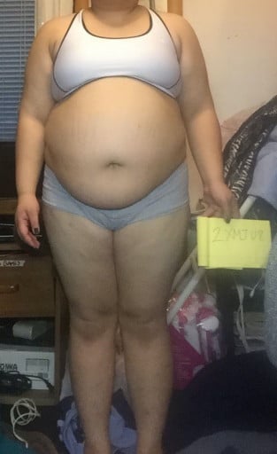A picture of a 5'0" female showing a snapshot of 225 pounds at a height of 5'0