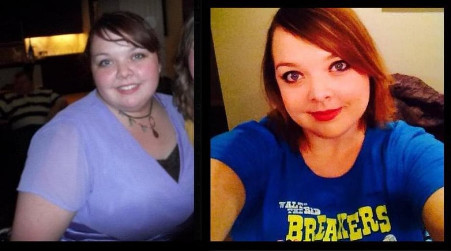 A picture of a 5'4" female showing a weight loss from 242 pounds to 195 pounds. A total loss of 47 pounds.