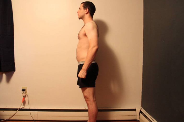 A before and after photo of a 5'7" male showing a snapshot of 164 pounds at a height of 5'7