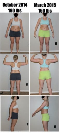 A before and after photo of a 5'6" female showing a weight reduction from 160 pounds to 150 pounds. A net loss of 10 pounds.
