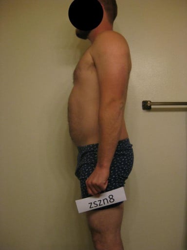A before and after photo of a 5'10" male showing a snapshot of 203 pounds at a height of 5'10