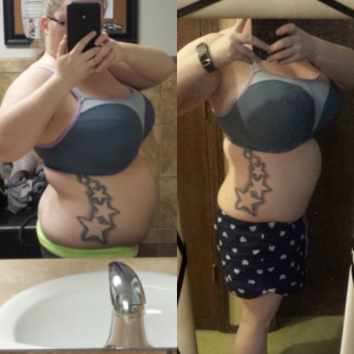 A photo of a 5'1" woman showing a weight loss from 185 pounds to 165 pounds. A total loss of 20 pounds.