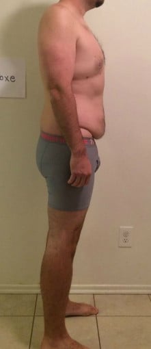 A before and after photo of a 6'0" male showing a snapshot of 214 pounds at a height of 6'0