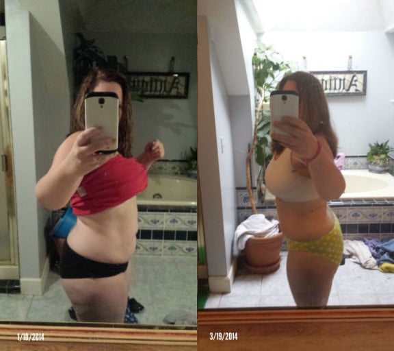 A photo of a 5'4" woman showing a weight loss from 180 pounds to 168 pounds. A respectable loss of 12 pounds.