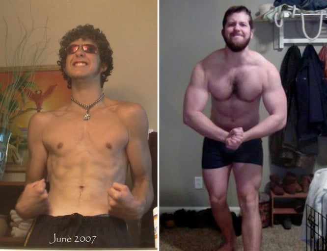 A before and after photo of a 6'2" male showing a muscle gain from 120 pounds to 200 pounds. A net gain of 80 pounds.