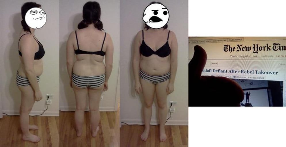 A before and after photo of a 5'4" female showing a snapshot of 160 pounds at a height of 5'4