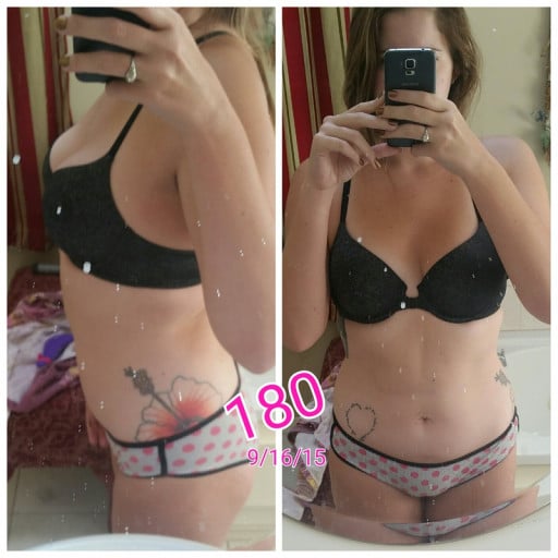 A photo of a 5'10" woman showing a weight loss from 210 pounds to 190 pounds. A respectable loss of 20 pounds.