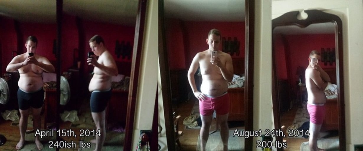 A before and after photo of a 5'10" male showing a weight reduction from 240 pounds to 200 pounds. A respectable loss of 40 pounds.