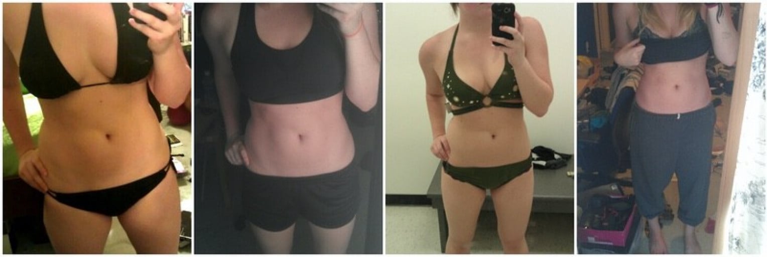 A progress pic of a 5'5" woman showing a weight reduction from 165 pounds to 140 pounds. A respectable loss of 25 pounds.