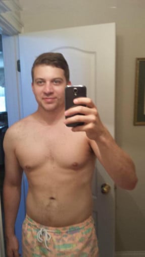 A photo of a 6'0" man showing a fat loss from 240 pounds to 198 pounds. A respectable loss of 42 pounds.