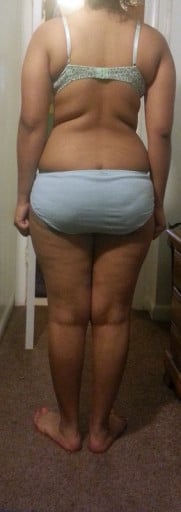 A before and after photo of a 5'4" female showing a snapshot of 165 pounds at a height of 5'4