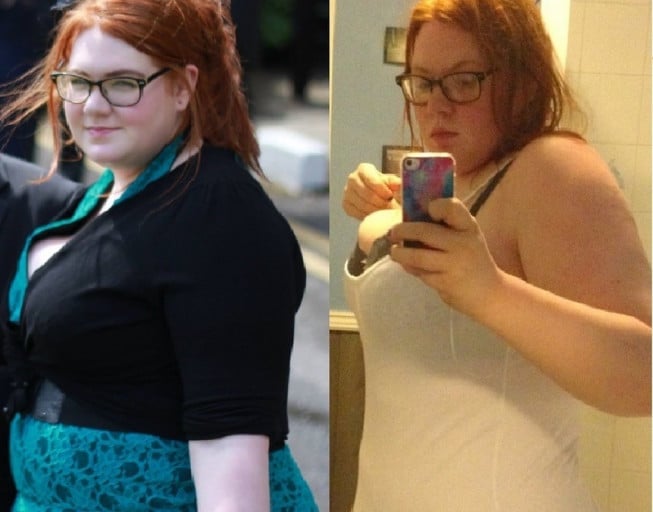 A before and after photo of a 5'11" female showing a weight reduction from 308 pounds to 284 pounds. A net loss of 24 pounds.
