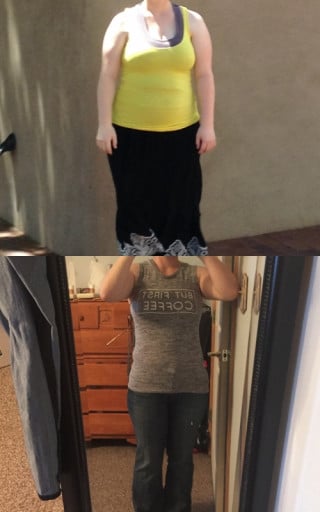 A picture of a 5'4" female showing a weight loss from 215 pounds to 165 pounds. A net loss of 50 pounds.
