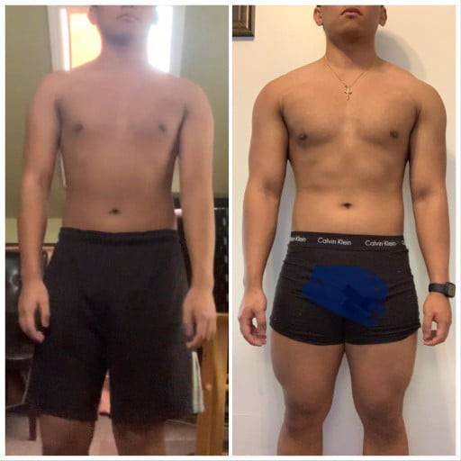 A before and after photo of a 5'8" male showing a weight bulk from 150 pounds to 180 pounds. A net gain of 30 pounds.
