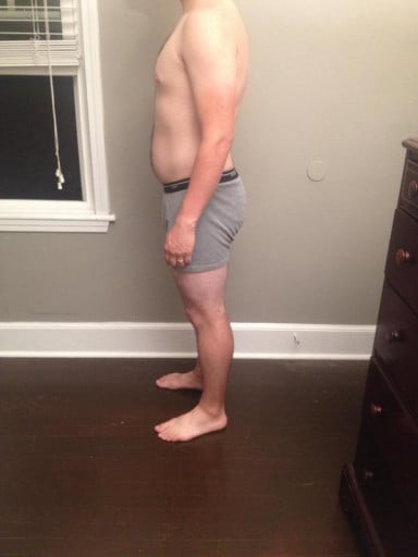 A before and after photo of a 5'11" male showing a snapshot of 196 pounds at a height of 5'11