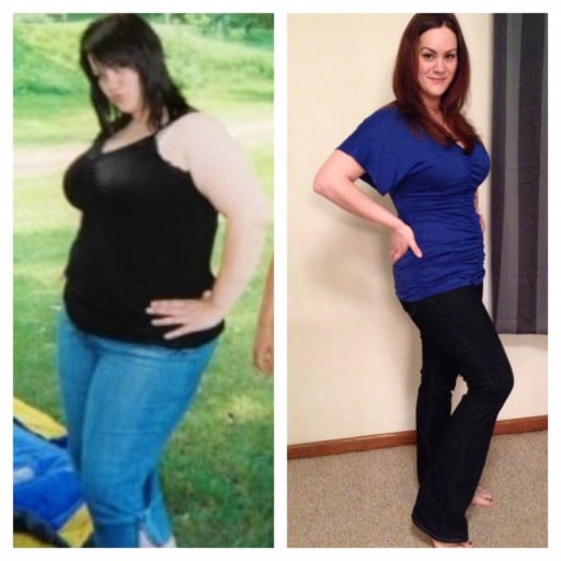 A progress pic of a 5'10" woman showing a weight loss from 280 pounds to 195 pounds. A total loss of 85 pounds.
