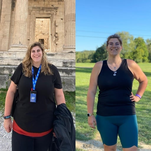 A before and after photo of a 6'1" female showing a weight reduction from 310 pounds to 250 pounds. A total loss of 60 pounds.