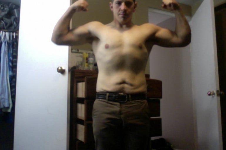 A picture of a 5'7" male showing a weight cut from 250 pounds to 160 pounds. A respectable loss of 90 pounds.