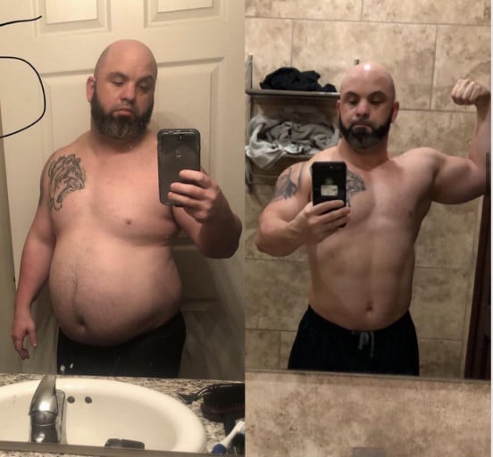 A before and after photo of a 5'6" male showing a weight reduction from 285 pounds to 195 pounds. A respectable loss of 90 pounds.
