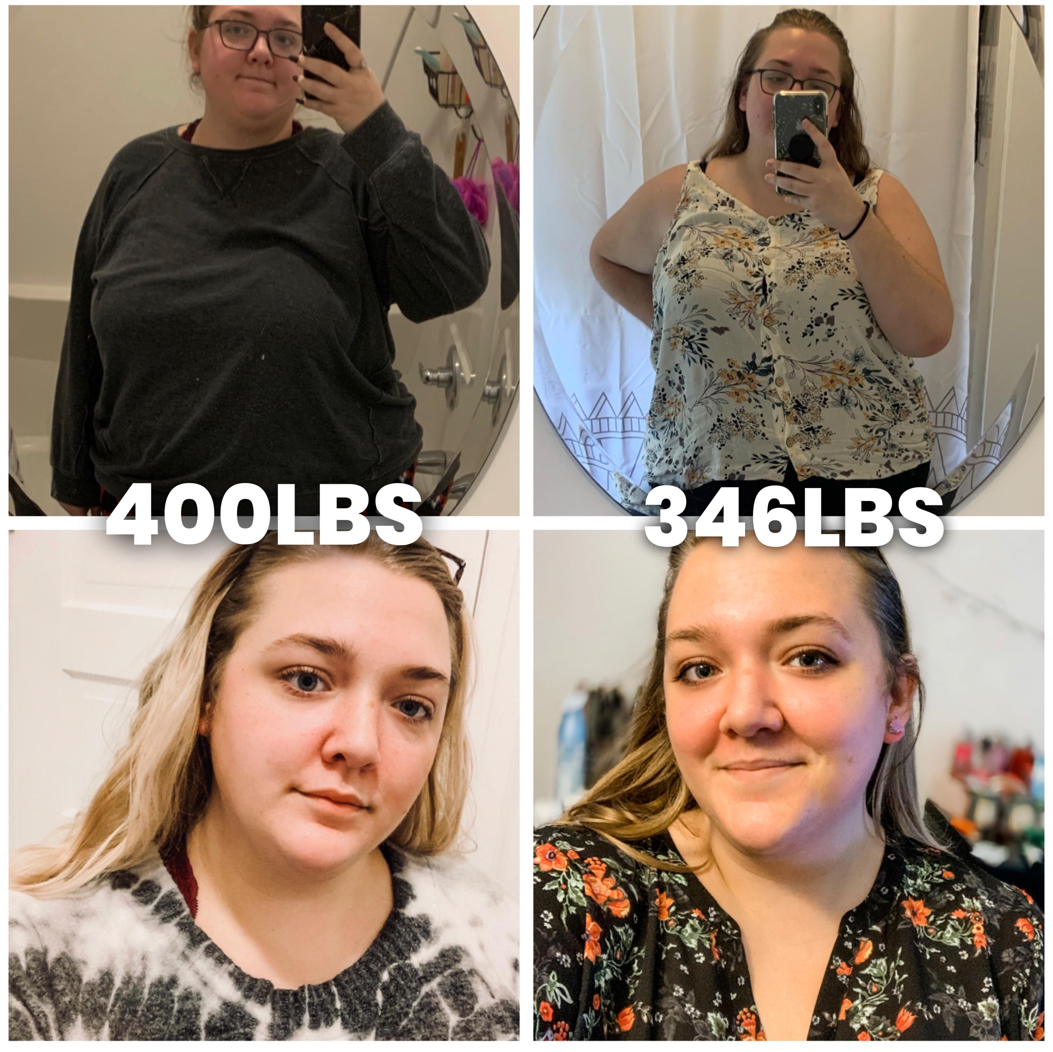 54 lbs Fat Loss 5 foot 7 Female 400 lbs to 346 lbs