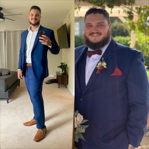 6 feet 1 Male Before and After 105 lbs Fat Loss 340 lbs to 235 lbs