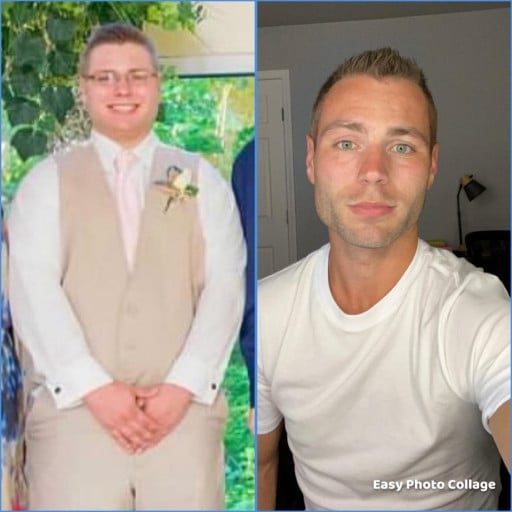 A before and after photo of a 5'5" male showing a weight reduction from 230 pounds to 135 pounds. A respectable loss of 95 pounds.