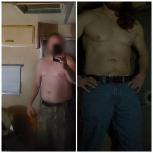 A photo of a 5'9" man showing a weight cut from 205 pounds to 180 pounds. A total loss of 25 pounds.