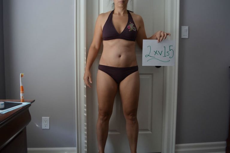 A before and after photo of a 5'5" female showing a snapshot of 146 pounds at a height of 5'5