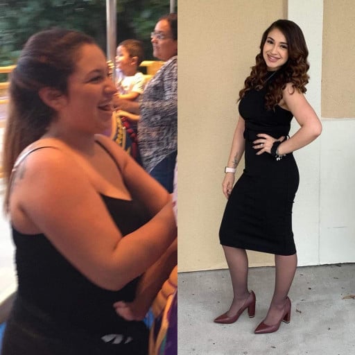 A progress pic of a 5'3" woman showing a fat loss from 172 pounds to 112 pounds. A net loss of 60 pounds.